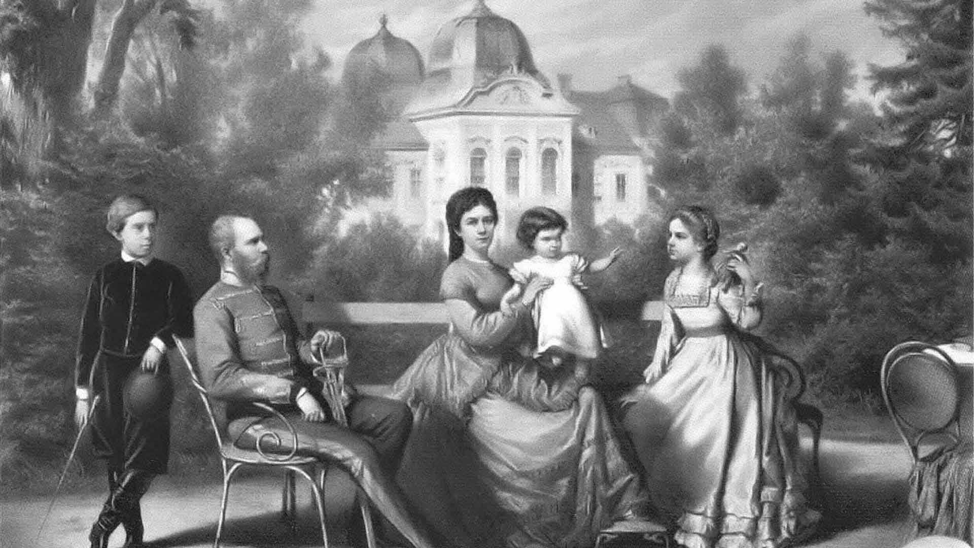 Engraving depicting the Hungarian royal family at Gödöllő Palace (c. 1870)